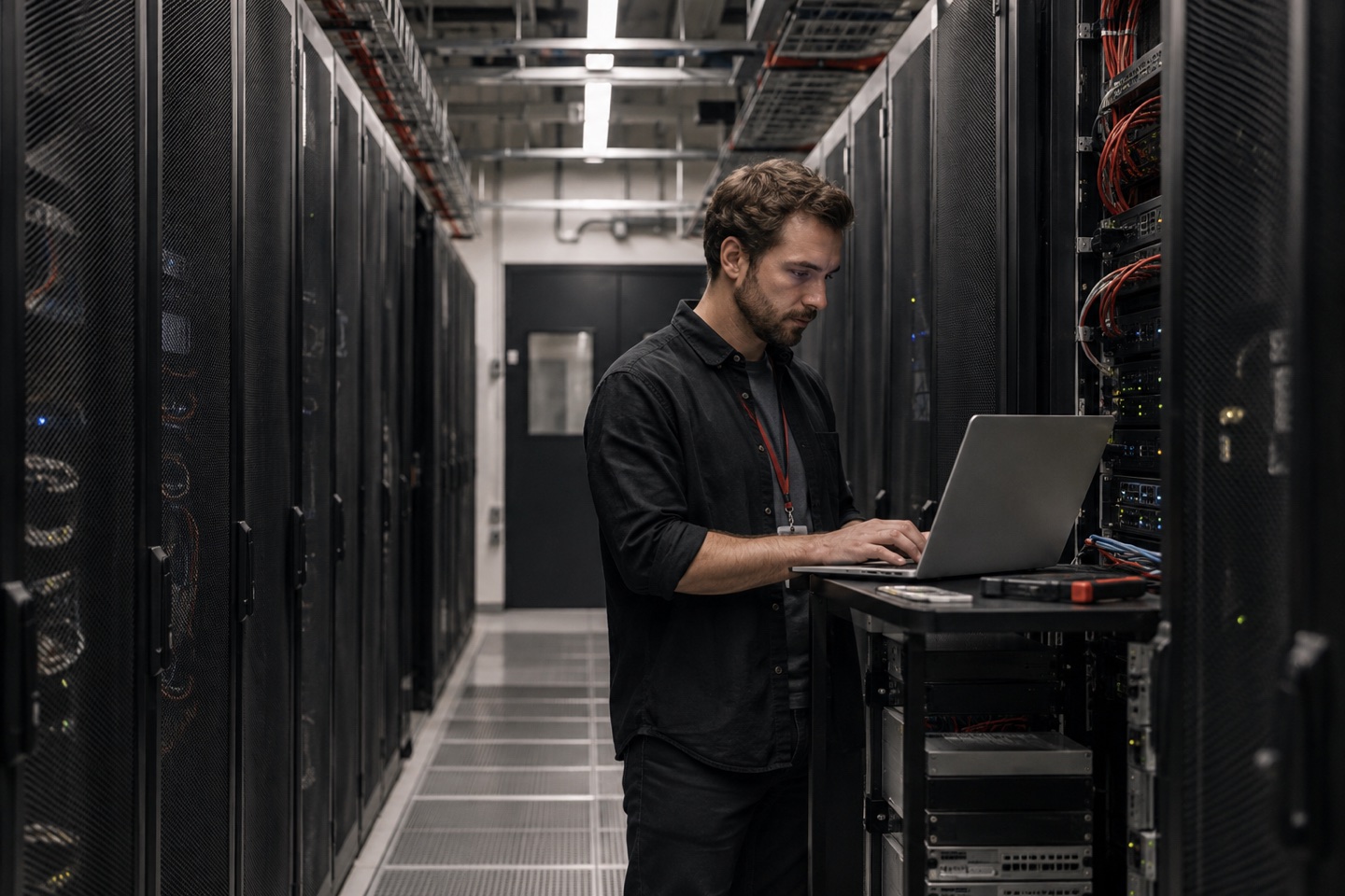 Illustrative IT-Szene: ein Mitarbeiter mit Laptop zwischen geordneten Serverracks.