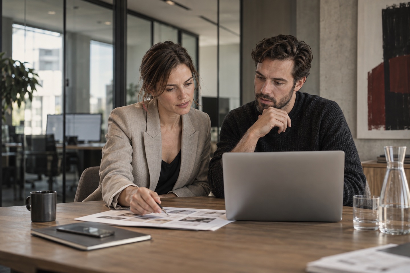 Illustrative Teamszene: zwei Kollegen bereiten gemeinsam einen Kundenvorgang am Laptop vor.